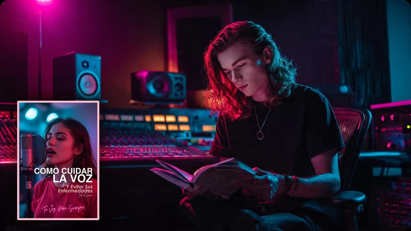 Un cantante leyendo Cómo Cuidar la Voz en un estudio de grabación